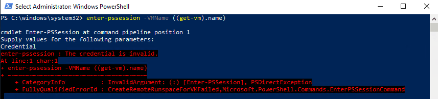 enter-pssession : The credential is invalid.